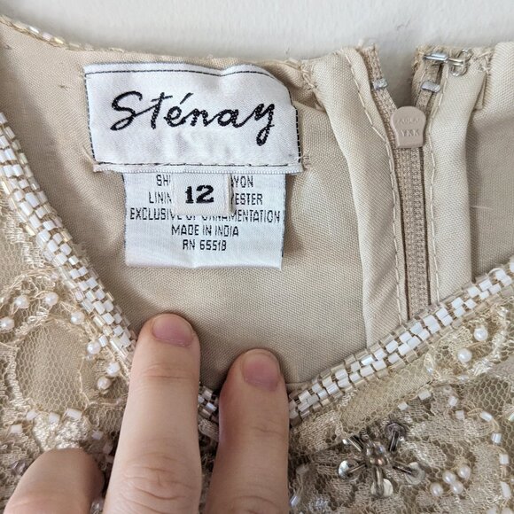 80s Beige Beaded Prom Dress Peplum Dress Floral Lace Formal Gown Vintage Dress - Picture 11 of 14